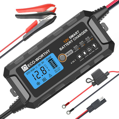 ECO-WORTHY Batterieladegerät 12V 5A EPA1205L für Blei-Säure & LiFePO4 mit Batterieclips und SAE-Anschlusskabel