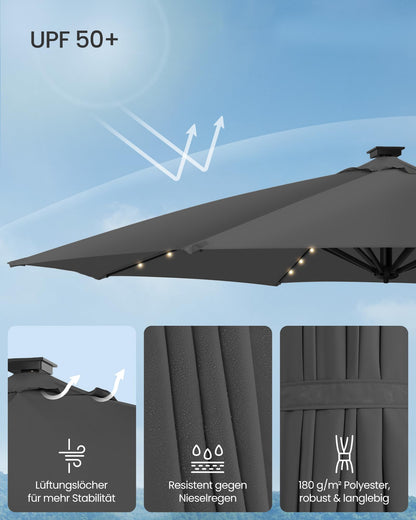 SONGMICS Ampelschirm 300 cm, Sonnenschirm mit Solar-LED, UPF 50+, grau