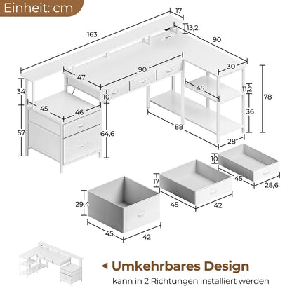 Rolanstar Gaming L-Schreibtisch 163 cm reversibel – Weiss