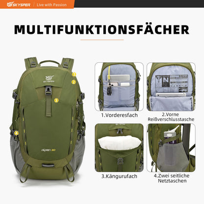 SKYSPER Wanderrucksack 30L, wasserfest, mit Netzrücken und Hüftgurt