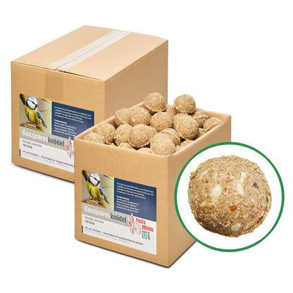 Paul's Mühle Ganzjahresknödel Insekten & Früchte – 200 Stk. Netzfrei. Runde, braune Fettknödel zur sicheren ganzjährigen Wildvogelfütterung.
