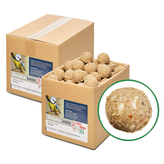 Paul's Mühle Ganzjahresknödel Insekten & Früchte – 200 Stk. Netzfrei. Runde, braune Fettknödel zur sicheren ganzjährigen Wildvogelfütterung.