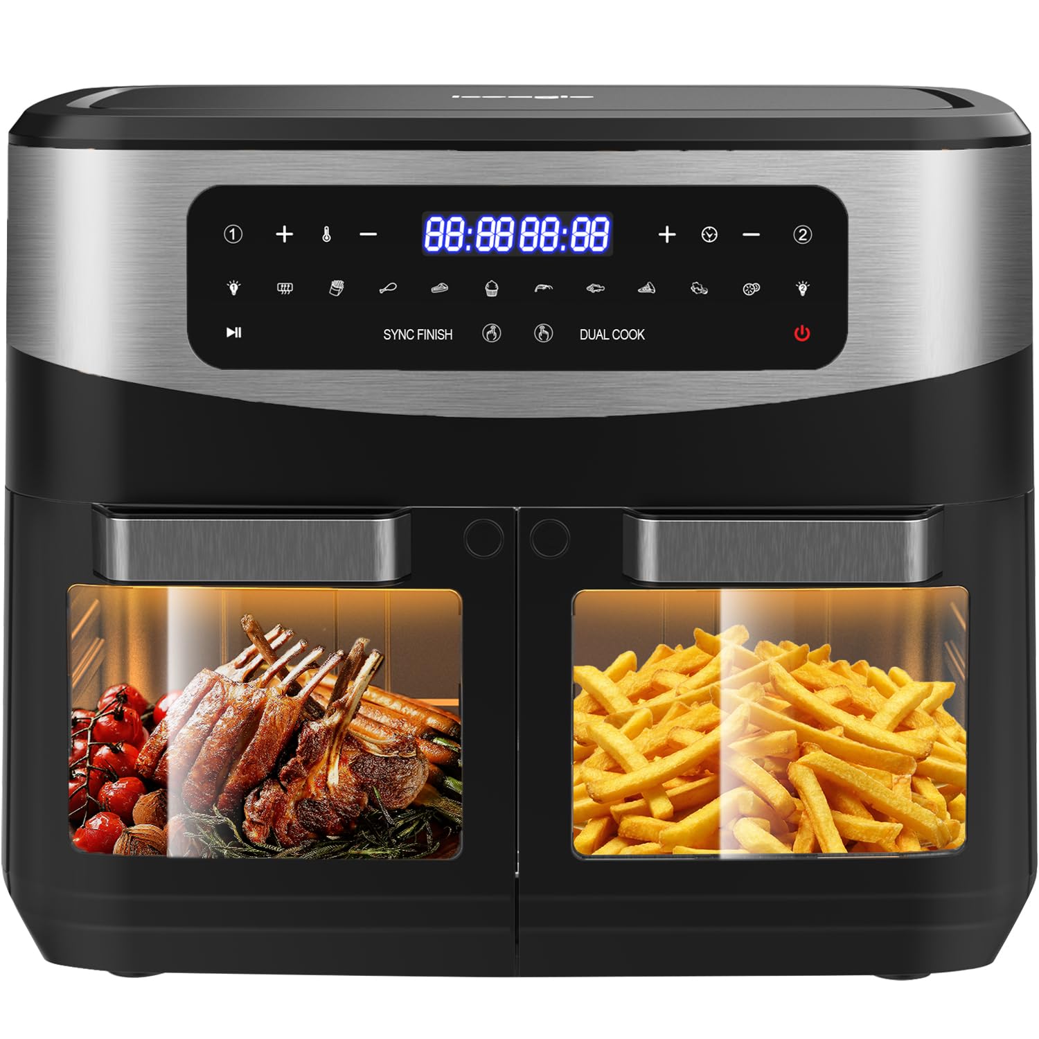 iceagle Heissluftfritteuse 12L Doppelkammer Airfryer KDF-5511DTW mit Sichtfenster und LED-Touchscreen