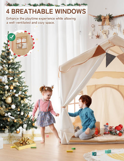 besrey 2 IN 1 Kinderzelt – Spielhaus beige mit Lichtern