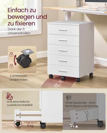 VASAGLE Rollcontainer mit 5 Schubladen, Aktenschrank, wolkenweiss