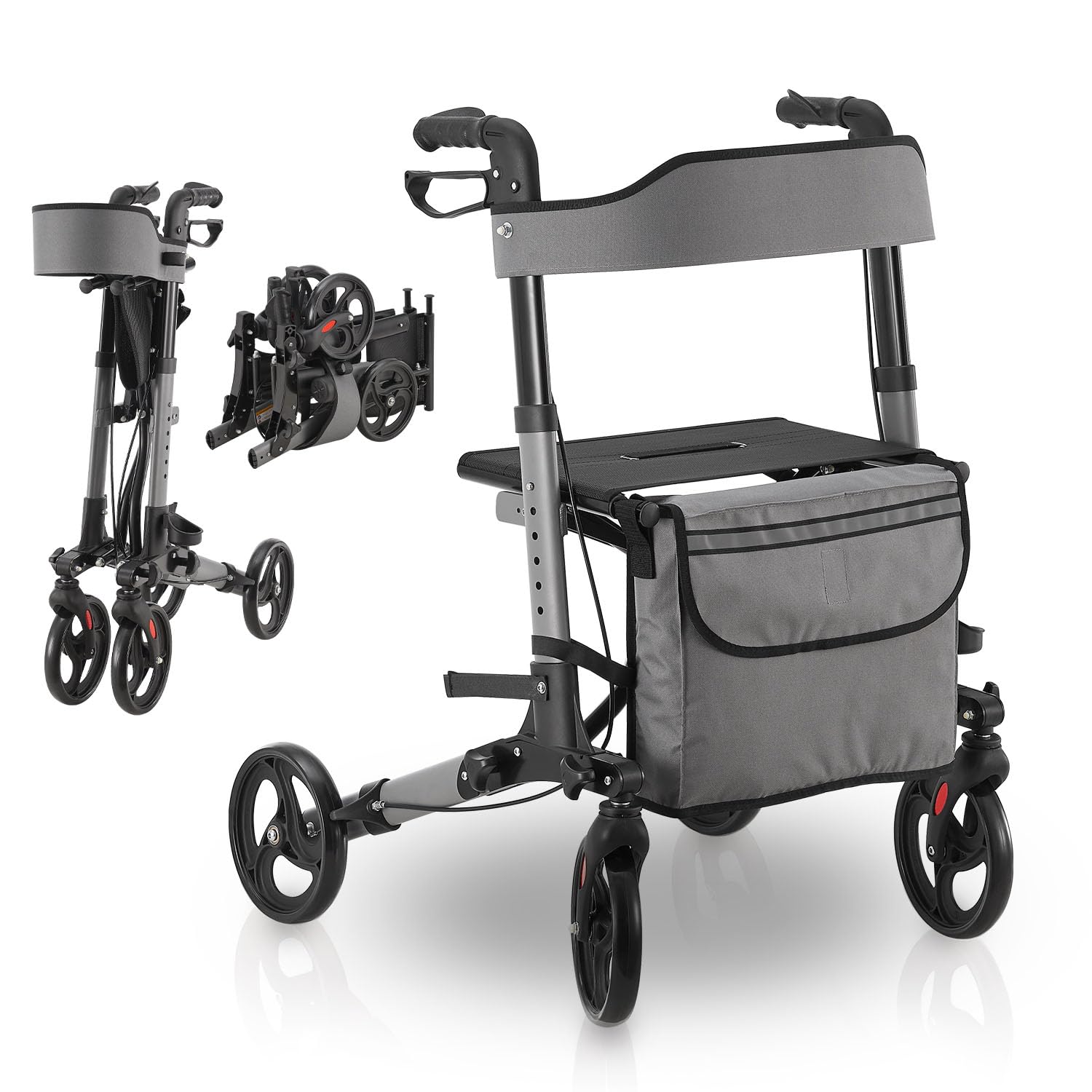 Juskys Vital Rollator Grau, faltbar, aus Aluminium. Er dient als Gehhilfe für mehr Mobilität und Stabilität.