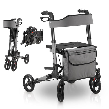 Juskys Vital Rollator Grau, faltbar, aus Aluminium. Er dient als Gehhilfe für mehr Mobilität und Stabilität.