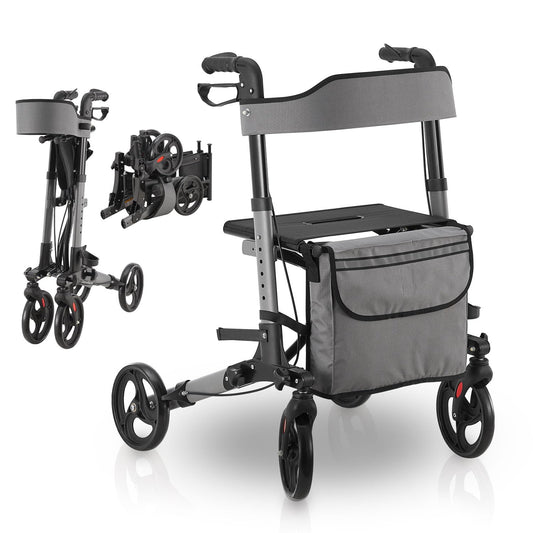 Juskys Vital Rollator Grau, faltbar, aus Aluminium. Er dient als Gehhilfe für mehr Mobilität und Stabilität.
