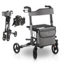 Juskys Vital Rollator Grau, faltbar, aus Aluminium. Er dient als Gehhilfe für mehr Mobilität und Stabilität.
