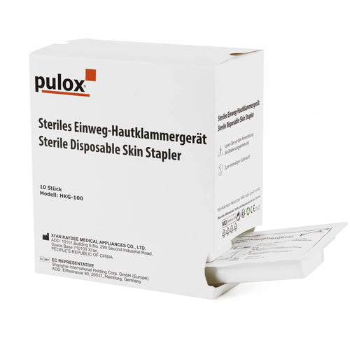 Pulox Hautklammergerät Einweg Steril - 10er Pack 35 Klammern. Ergonomisch geformt für sterilen, schnellen Wundverschluss.