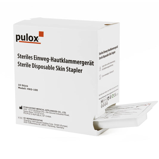 Pulox Hautklammergerät Einweg Steril - 10er Pack 35 Klammern. Ergonomisch geformt für sterilen, schnellen Wundverschluss.
