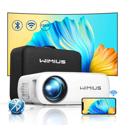 WiMiUS LED Heimkino Projektor – Full HD 4K 12000 Lumen. Schwarzer, rechteckiger Projektor mit Linse. Projiziert Bilder für Heimkino.