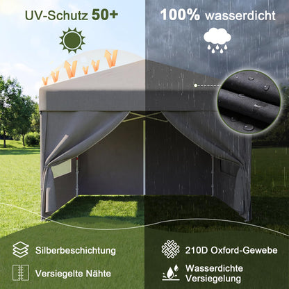Devoko Faltpavillon 3x3 m wasserdicht mit Seitenwänden, dunkelgrau