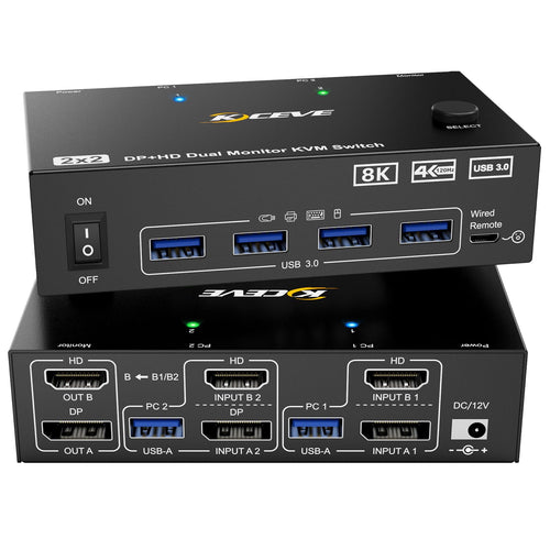 KVM Switch für 2 PC, 2 Monitore (8K) - Displayport, HDMI, USB 3.0: Schwarzes Gehäuse. Schaltet Maus, Tastatur & 2 Bildschirme zw. 2 PCs.