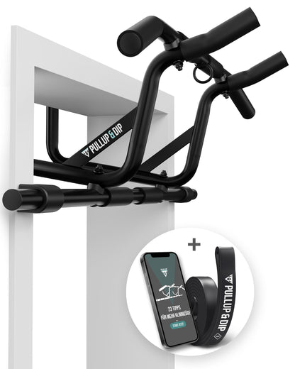 PULLUP & DIP Klimmzugstange Türrahmen – Ohne Schrauben Profi. Schwarze Stange mit Hebelmechanismus, schraubenlos im Türrahmen für Klimmzüge.