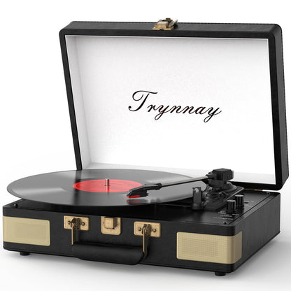 Trynnay Koffer-Plattenspieler mit Bluetooth, 3 Geschwindigkeiten – PU-Leder, integrierte Stereolautsprecher