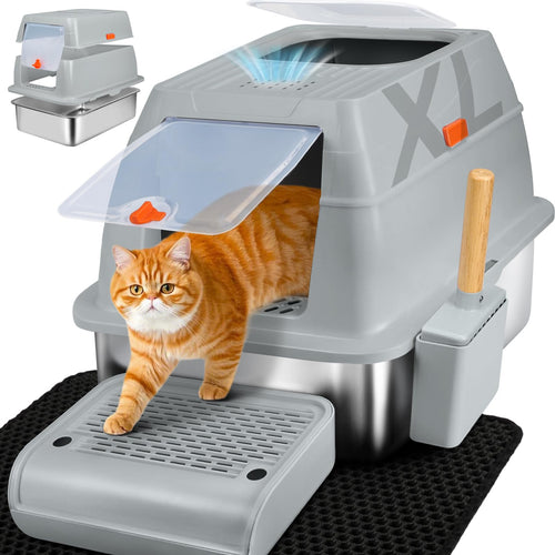 SZEETECH Katzentoilette XL Edelstahl Geschlossen - Grau 60x40cm. Geschlossene graue Edelstahlschale für Katzenhygiene.