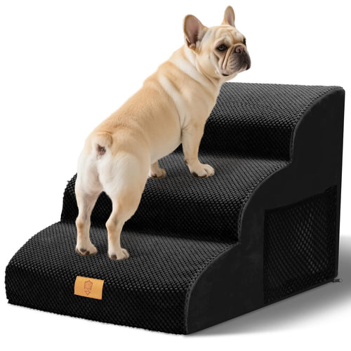 Thihome Hundetreppe 3 Stufen, rutschfest, waschbarer Bezug, schwarz – dreistufige Haustiertreppe aus Cord für Sofa und Bett