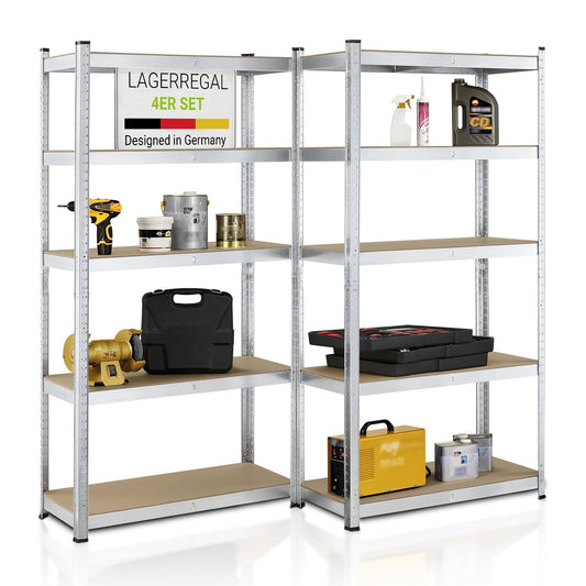 Juskys Basic 4X Schwerlastregal – 4er-Set 180x90x40cm. Graues Metallregal mit MDF-Böden. Lagert schwere Lasten in Werkstatt, Keller.