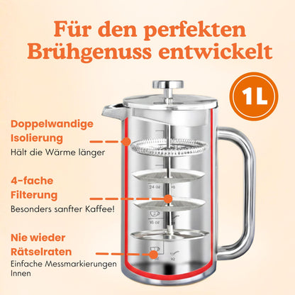 Ziruma French Press Edelstahl Kaffeebereiter doppelwandig, 1 Liter