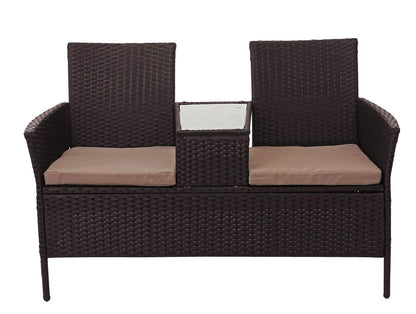 Mendler Poly-Rattan Sitzbank mit Tisch HWC-E24 132cm – Braun