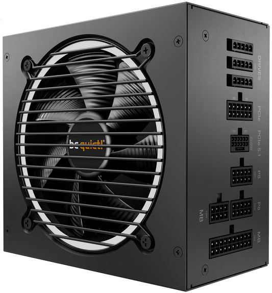 be quiet! Pure Power 12 M 750W Modulares Netzteil - ATX 3.1 PCIe 5.1. Schwarzer, rechteckiger Block, versorgt PC-Komponenten.