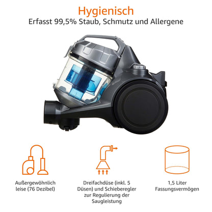 Amazon Basics Zylinder-Staubsauger – 700 W, Beutellos, Schwarz/Blau