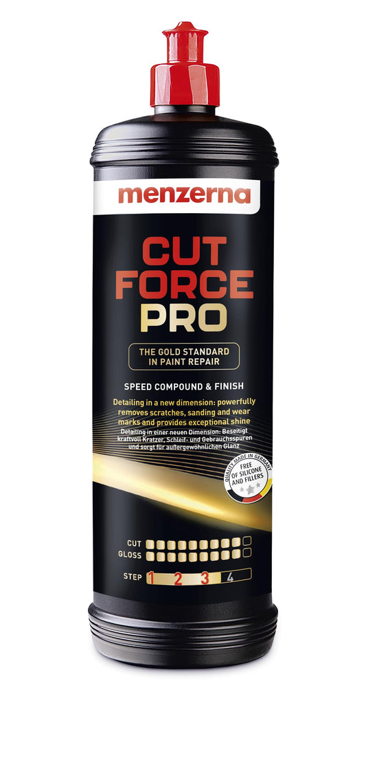 Menzerna Cut Force Pro One Step Autopolitur 3in1 - 1000ml, weiße Flasche. Flüssige Politur für Cut, Glanz und Versiegelung von Fahrzeuglack in einem Arbeitsgang.