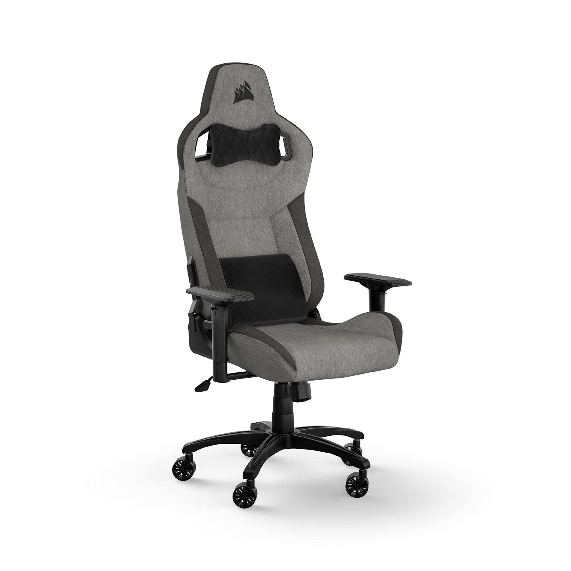 Corsair T3 RUSH Gaming Stuhl Stoffbezug Schwarz/Holzkohle. Schwarzer/Holzkohle Gaming-Stuhl mit hoher Rückenlehne für ergonomische, lange Gaming-Sessions.