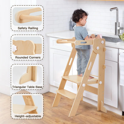 labebe Klappbarer Montessori Lernturm mit Tafel – Holz, 3-in-1