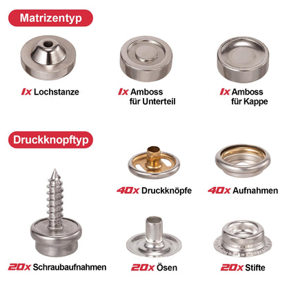 Spurtar Druckknopf-Set mit Zange, 3 Matrizen, 40 Sätze 15 mm