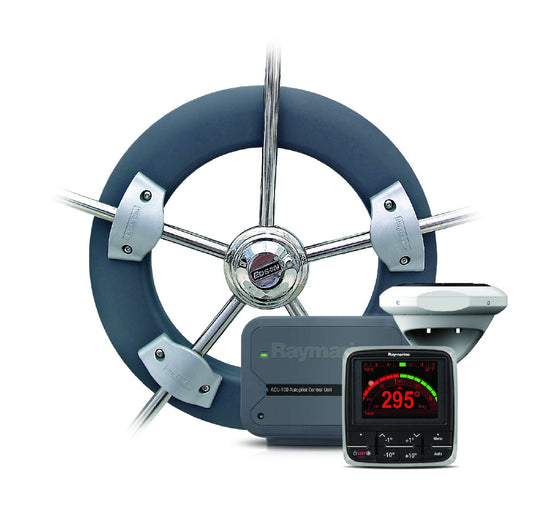 Raymarine Evolution Autopilot EV-100 Radpilot-System mit Bediengerät. Schwarzes Set aus Steuereinheit, Radantrieb und Sensor. Hält Boote automatisch auf Kurs.