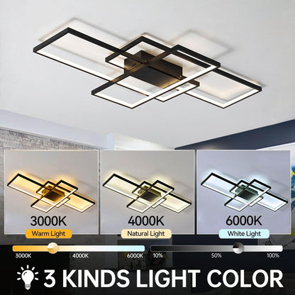 ASJK LED Deckenleuchte Modern Eckig – 80cm, Schwarz mit Fernbedienung