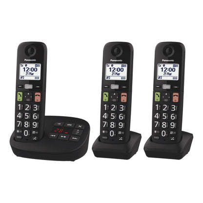 Panasonic KX-TGU133EXB Schnurlostelefon AB – 3 Mobilteile, Schwarz. DECT-Telefonset für Festnetz, mit integriertem Anrufbeantworter.