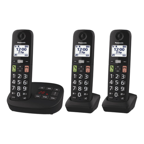Panasonic KX-TGU133EXB Schnurlostelefon AB – 3 Mobilteile, Schwarz. DECT-Telefonset für Festnetz, mit integriertem Anrufbeantworter.