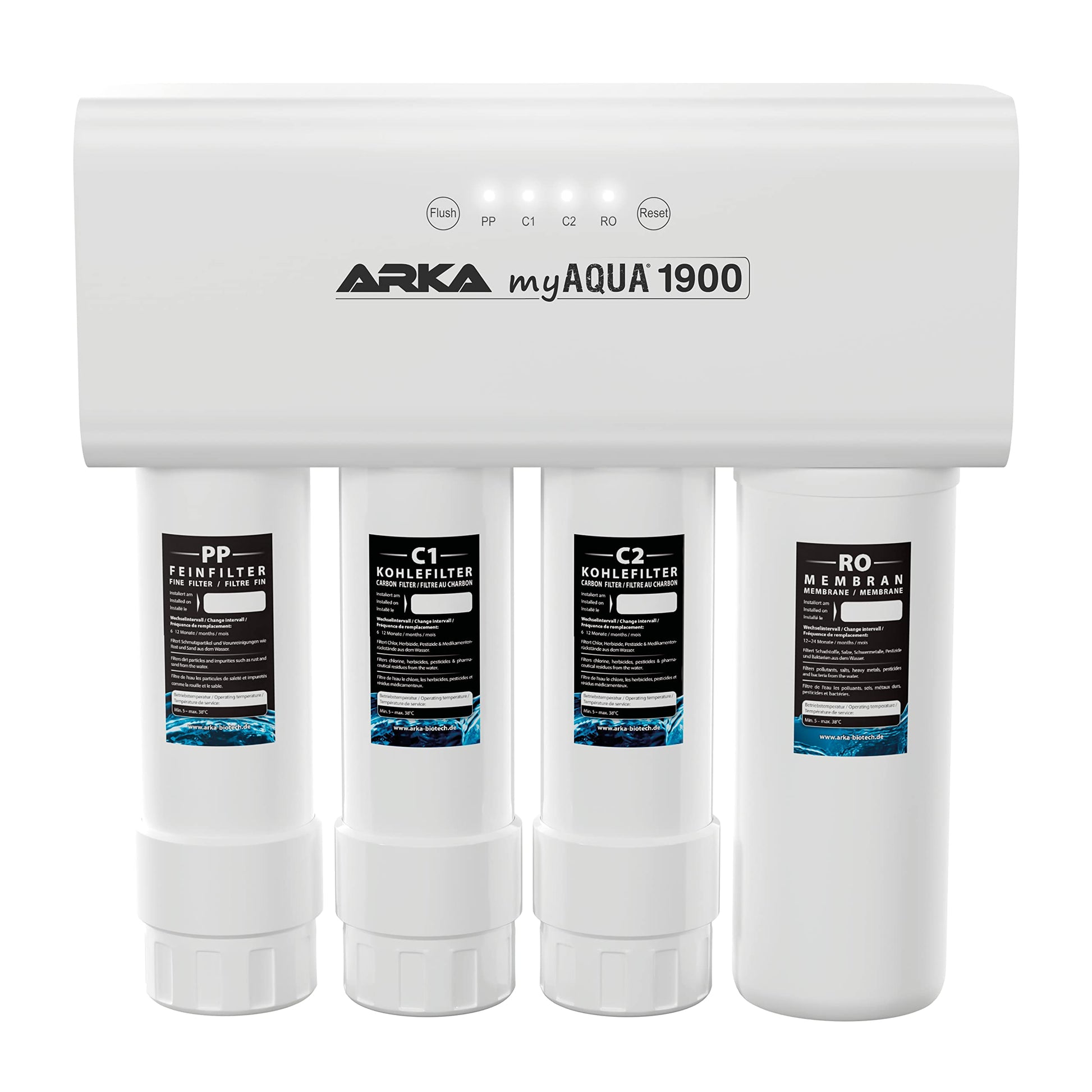ARKA myAQUA 1900 Umkehrosmoseanlage – Wasserfilter 1900 L/Tag. Weißes Kompaktgerät filtert Wasser zu Reinwasser für Aquarien oder Trinkwasser.