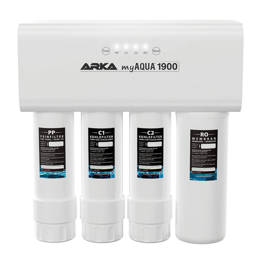 ARKA myAQUA 1900 Umkehrosmoseanlage – Wasserfilter 1900 L/Tag. Weißes Kompaktgerät filtert Wasser zu Reinwasser für Aquarien oder Trinkwasser.