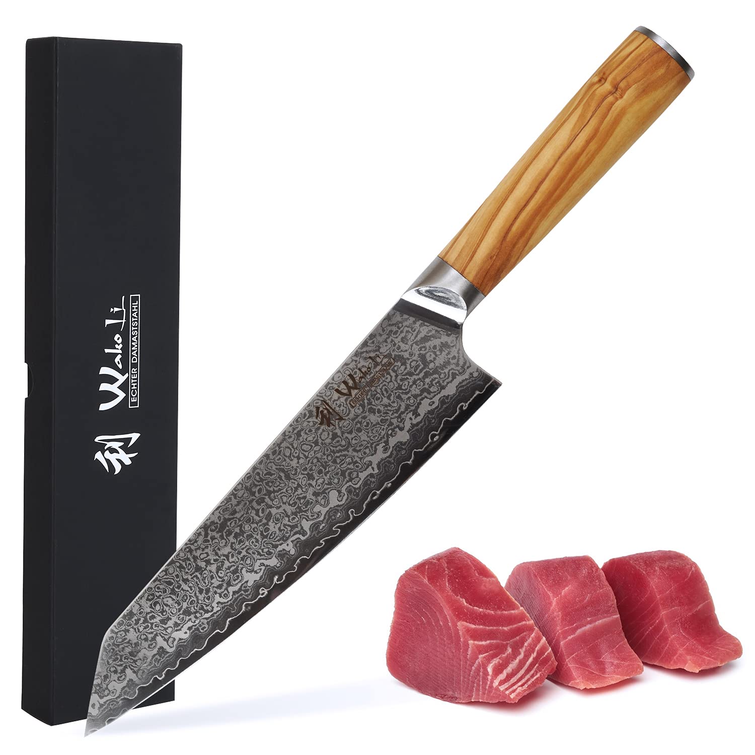 Wakoli Oribu Kiritsuke Damast Chefmesser - 20cm Olivenholz, mit Damastklinge und Olivenholzgriff. Zum Schneiden und Hacken.