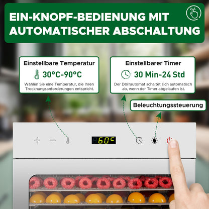 Kwasyo Dörrautomat Edelstahl, 8 Etagen mit 6er Dörrfolie, Rezeptbuch, BPA-frei, 30–90 ℃ Temperatureinstellung, max. 24 Stunden, Dörrautomat für Gemüse, Fleisch, Obst