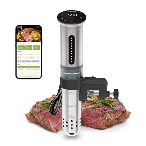 KitchenBoss Sous Vide Präzisionskocher - 1100W WLAN App-Steuerung: Schlanker, schwarzer Garstab zur präzisen Temperaturkontrolle im Wasserbad.