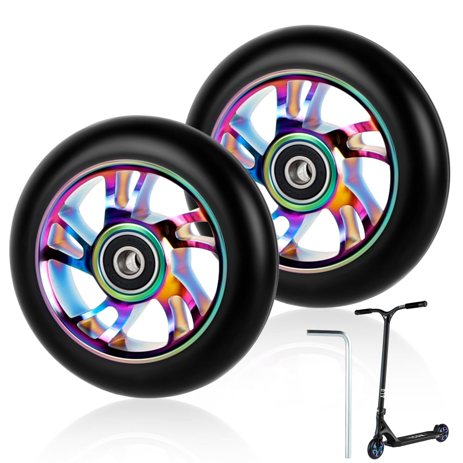 NZZVNZ Scooter Rollen 100 mm Ersatzräder mit ABEC-9 Lagern, 2er-Set, Felge aus Aluminiumlegierung
