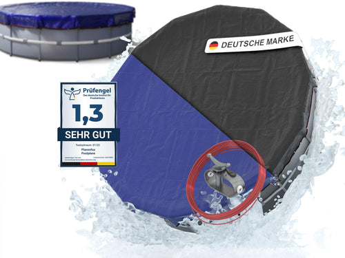Planenfux Poolabdeckung rund Ø 420 cm für Ø 320-366 cm Becken, blaue PE-Plane mit Stahlseil und Seilspanner