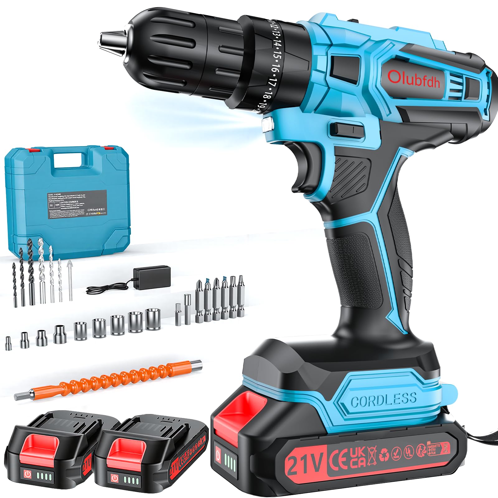 Olubfdh Akkuschrauber 21V Set mit 2 Akkus, 45 Nm, LED, Blau, blaues Gehäuse, mit Bohrer- und Bit-Zubehör