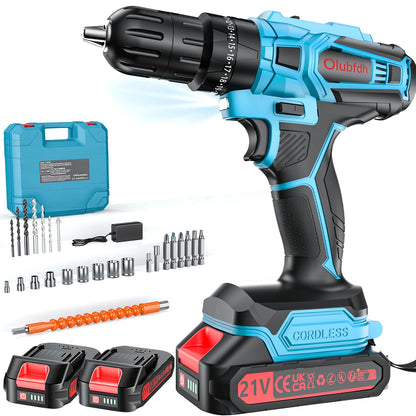 Olubfdh Akkuschrauber 21V Set mit 2 Akkus, 45 Nm, LED, Blau, blaues Gehäuse, mit Bohrer- und Bit-Zubehör