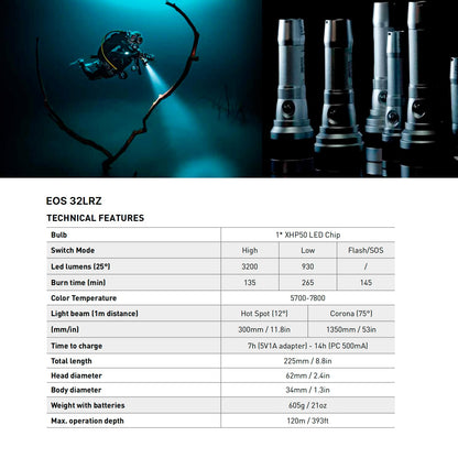 Mares EOS 32LRZ Tauchlampe – 3200 Lumen LED Unterwasserbeleuchtung