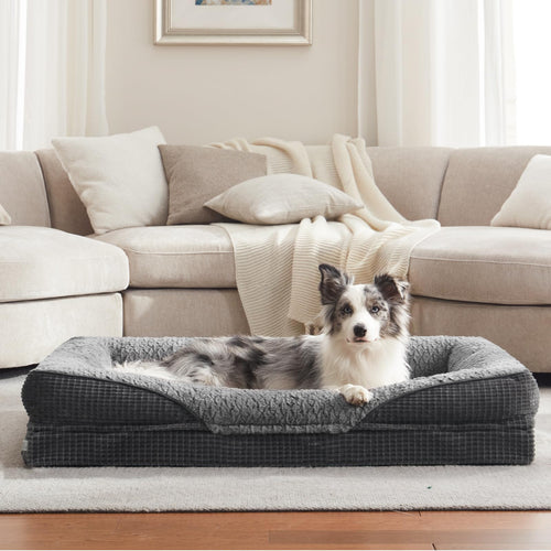 FURTIME Orthopädisches Hundebett Memory Foam, waschbar, 89 x 64 cm – hoher Rand und weicher Flauschbezug