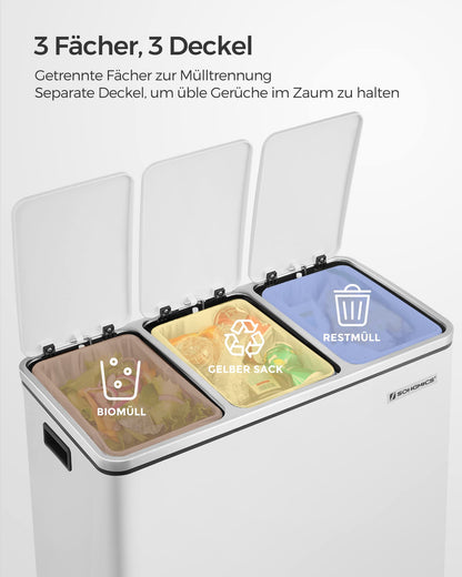 SONGMICS Mülltrennsystem Treteimer 3x18L, 3 Fächer, Wolkenweiss