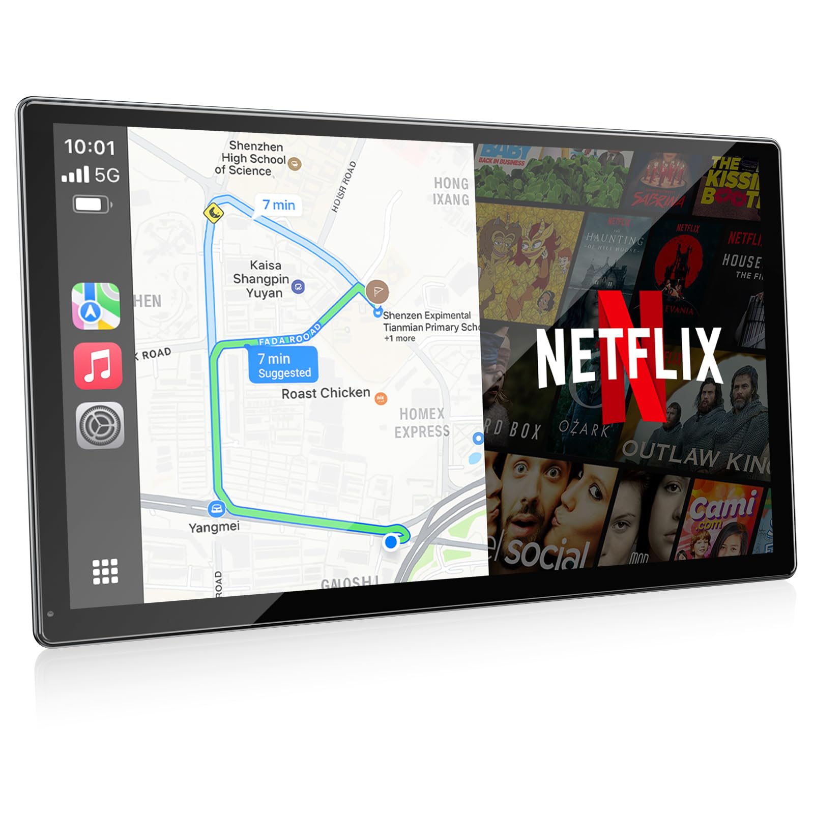 Volam Netflix Carplay Display 9" wireless CarPlay Android Auto. Rechteckiger schwarzer Monitor für kabelloses CarPlay, Android Auto und Netflix im Fahrzeug.