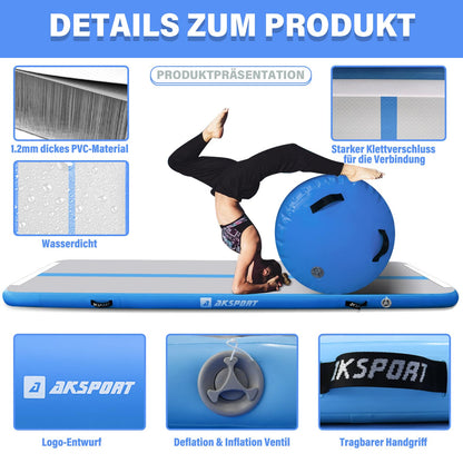 AKSPORT Airtrack 3m aufblasbare Turnmatte mit Air Roll und Luftpumpe
