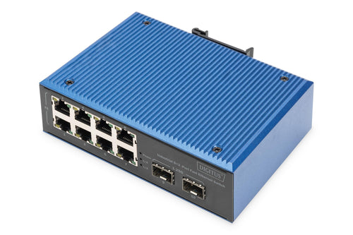 DIGITUS Industrial Netzwerk-Switch - 10-Port Fast Ethernet. Graues Metallgehäuse mit Fast Ethernet Ports. Zur Datenverteilung in Industrieumgebungen.